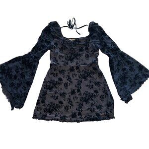 Y2K Style Black Sheer Floral Burnout Lace Mini Short Dress S M Bell Sleeve Goth